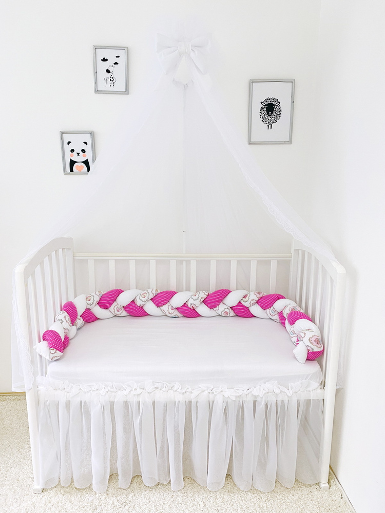 Бортик коса из хлопка 220 см. в детскую кроватку для новорожденного. Розовый, белый, разноцветный. "Забава" #1