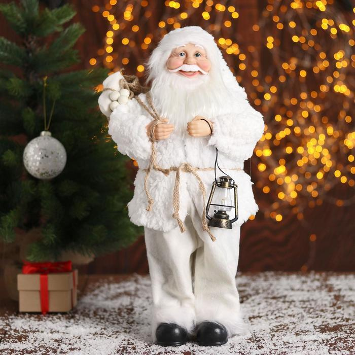 Дед Мороз "В белой шубке, с фонариком" 43 см #1