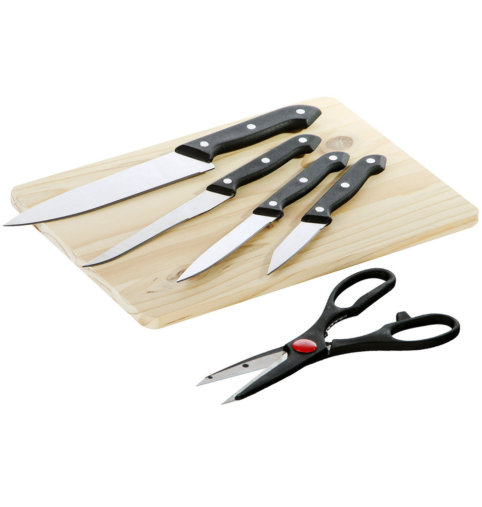 Набор аксессуаров для кухни 6 предметов доска разделочная деревянная 4 ножа и ножницы в блистере  #1