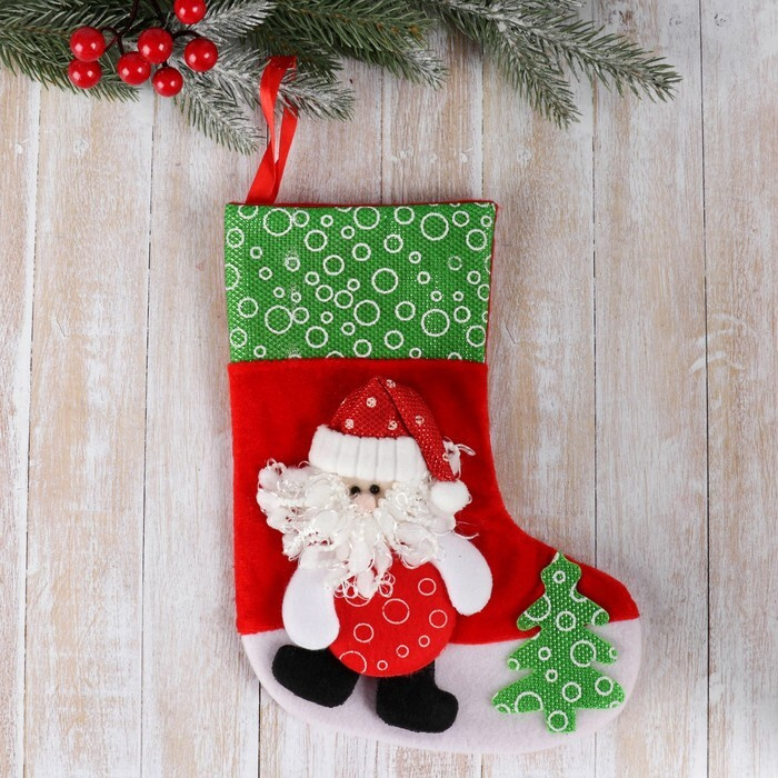 Носок для подарков "Дед Мороз с ёлочкой" 19х26 см, красно-зелёный  #1