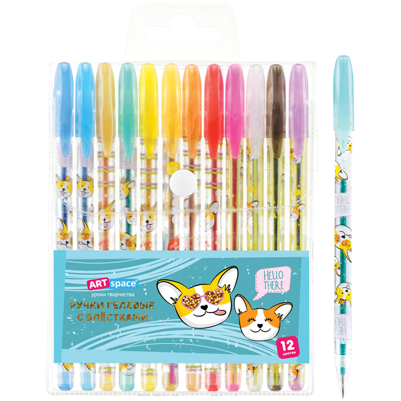 Ручки гелевые цветные, набор 12 цветов, ArtSpace "Милые зверушки" с блестками, узел 1 мм / для рисования #1