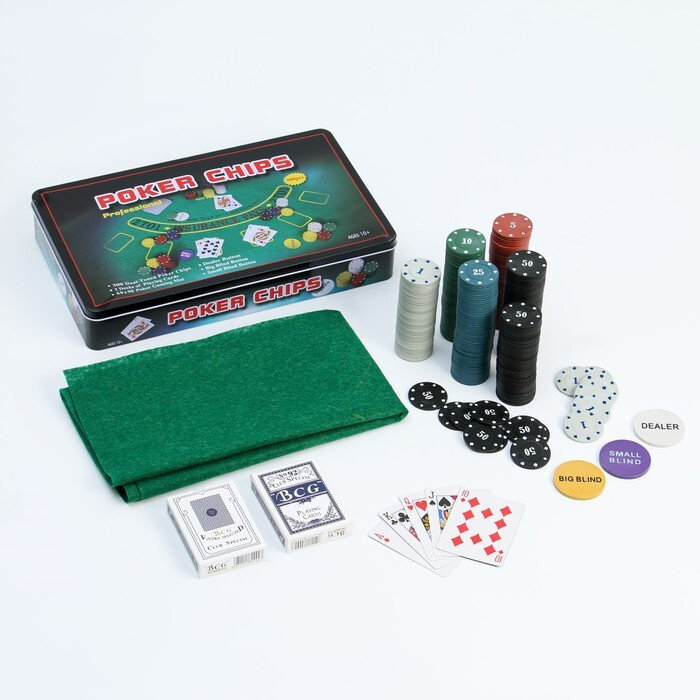 Покер, набор для игры (карты 2 колоды, фишки 300 шт.), с номиналом, 60 х 90 см  #1