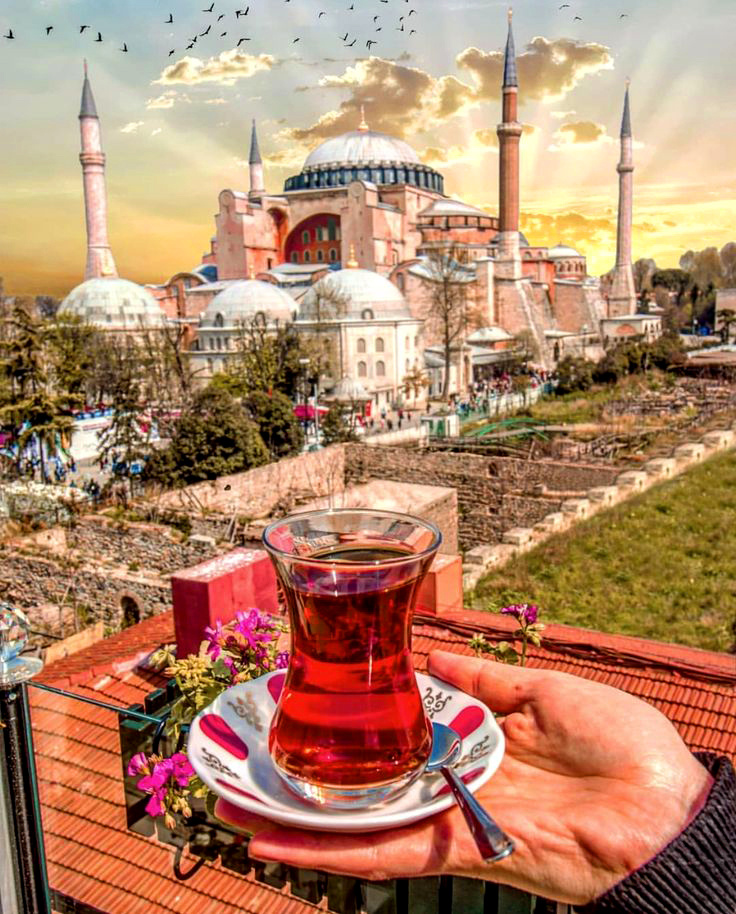 Картина по номерам на холсте 40x50 40 х 50 с подрамником "Чай на фоне мечети стамбула"  #1