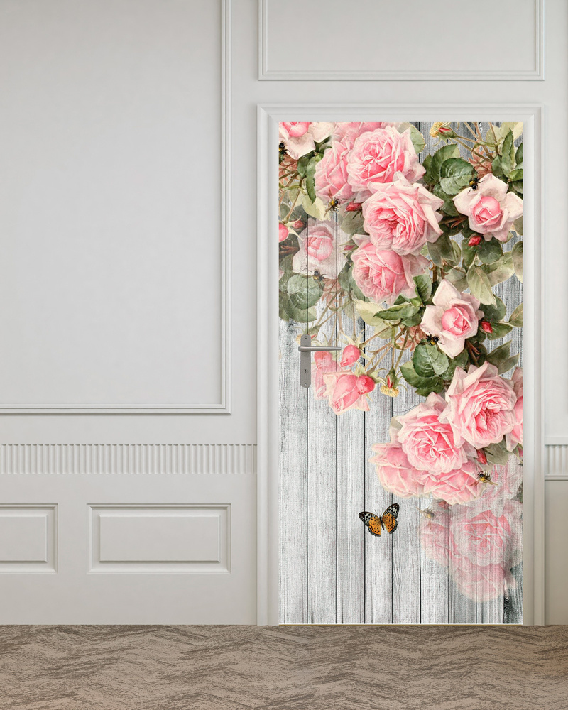 Фотообои на двери HARMONY Decor HDD-133 Розовые розы на деревянной стене, 97 х 202 см, самоклеющиеся #1