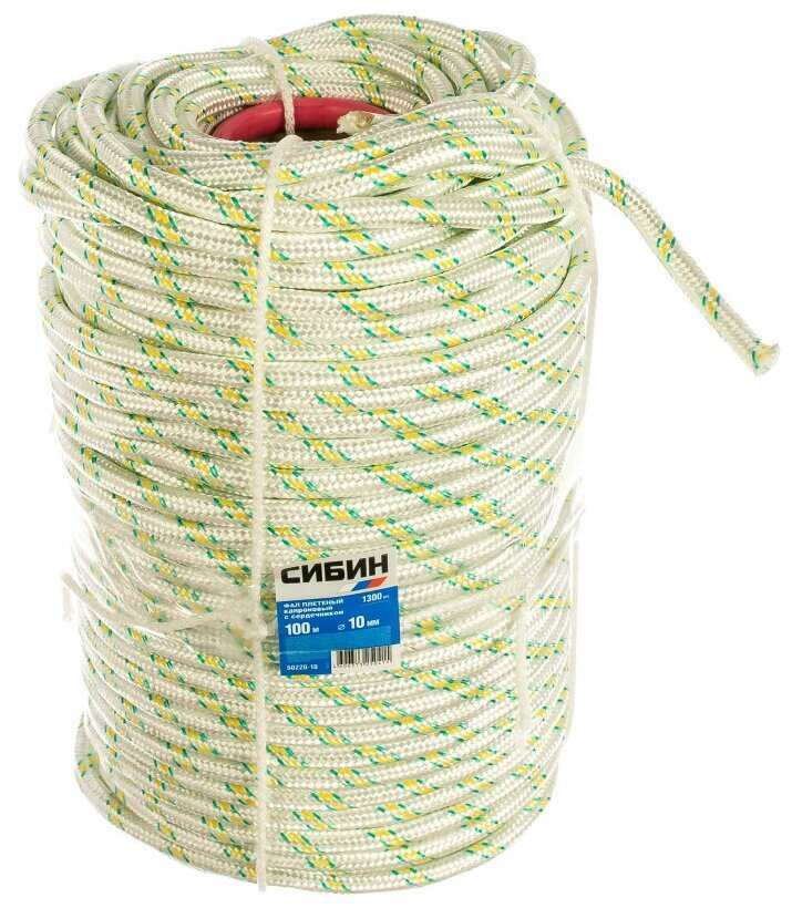 Фал плетёный капроновый СИБИН 24-прядный с капроновым сердечником, диаметр 10 мм, бухта 100 м, 1300 кгс #1