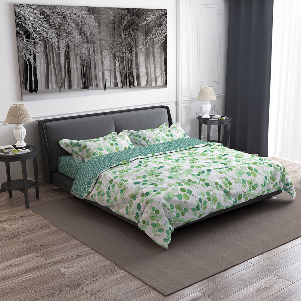 Постельное белье комплект 1,5 спальный Эвкалипт зеленый б/з/Вестерн морская волна 4 предмета  #1