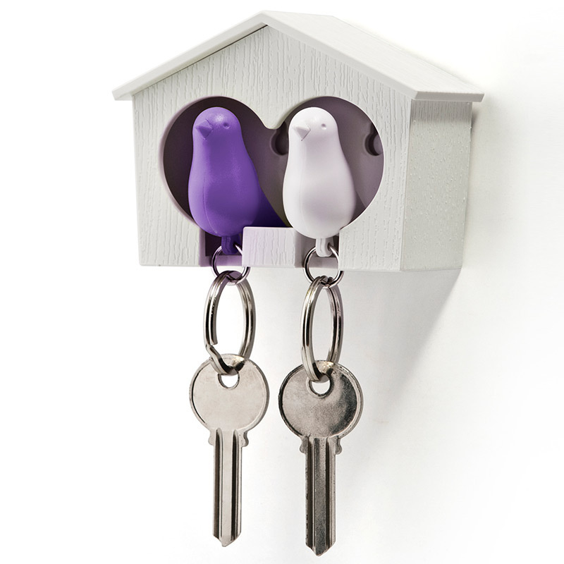 Держатель для ключей Duo Sparrow, ключница настенная с птичками на 2 ключа со свистком, белый/фиолетовый #1