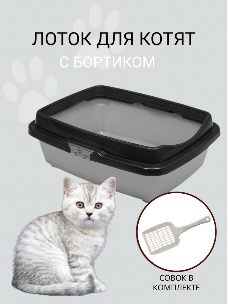Туалет для котят с бортом DD Style, кошачий туалет, лоток для кошек с совком, черно-серебристый  #1