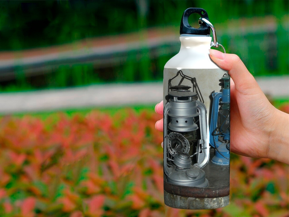 Бутылка фляга для воды "Фонари, керосин, древний" 750 мл. с карабином и принтом  #1