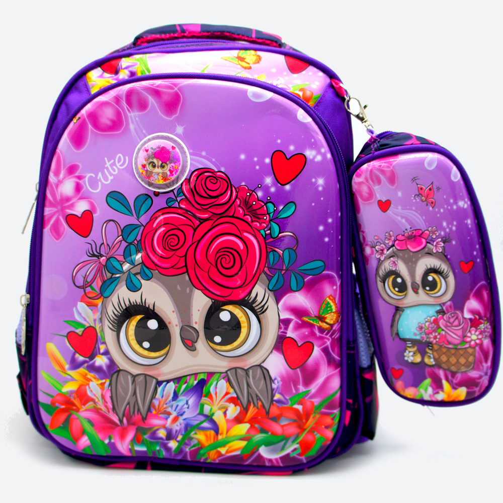 Рюкзак для девочки школьный с анатомической жесткой спинкой, двумя отделениями Сова/ Комплект - детский #1