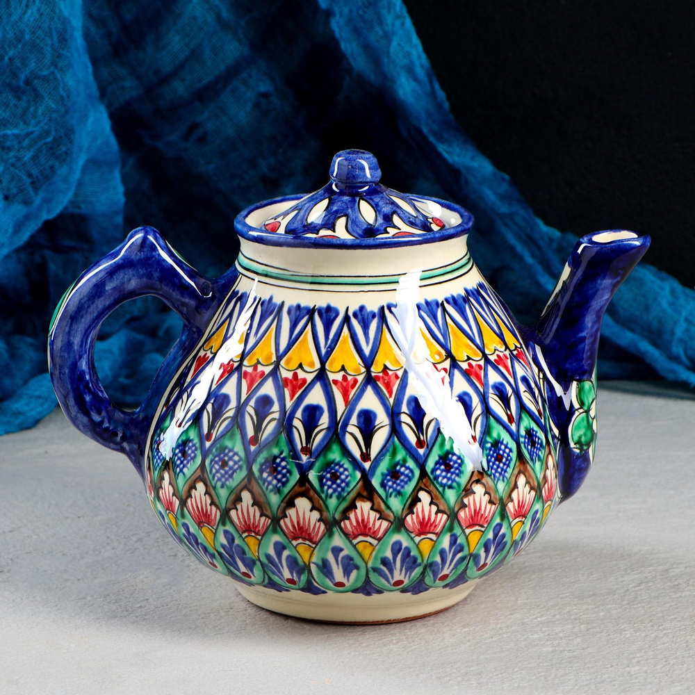 Чайник Риштанская Керамика 1600 мл., цвет синий/зеленый #1