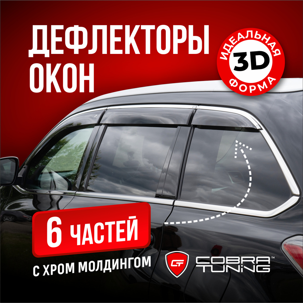 Дефлекторы боковых окон для Toyota Highlander 3 (Тойота Хайлендер) 2013-2019, ветровики с хром молдингом, #1