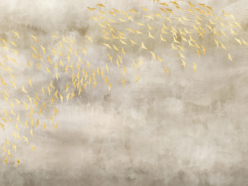 Фотообои флизелиновые на стену 3д GrandPik 52423 Лофт "Стая золотых птиц" (ШхВ), 400х300 см  #1