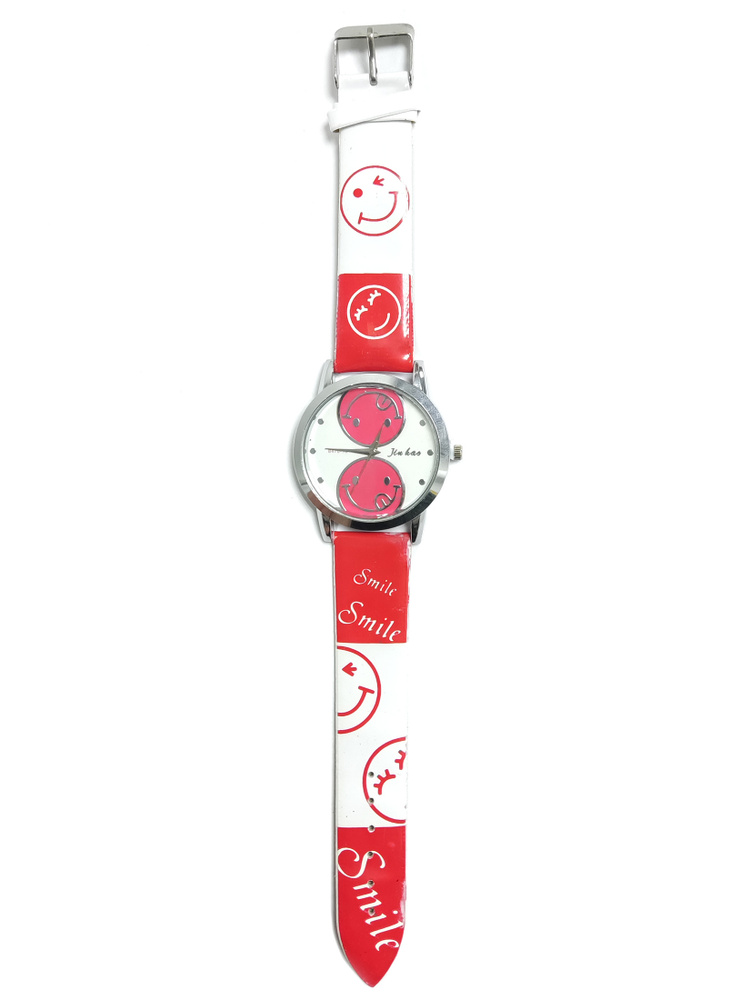 Часы детские наручные кварцевые, Смайлы, Красный / белый ремешок  #1