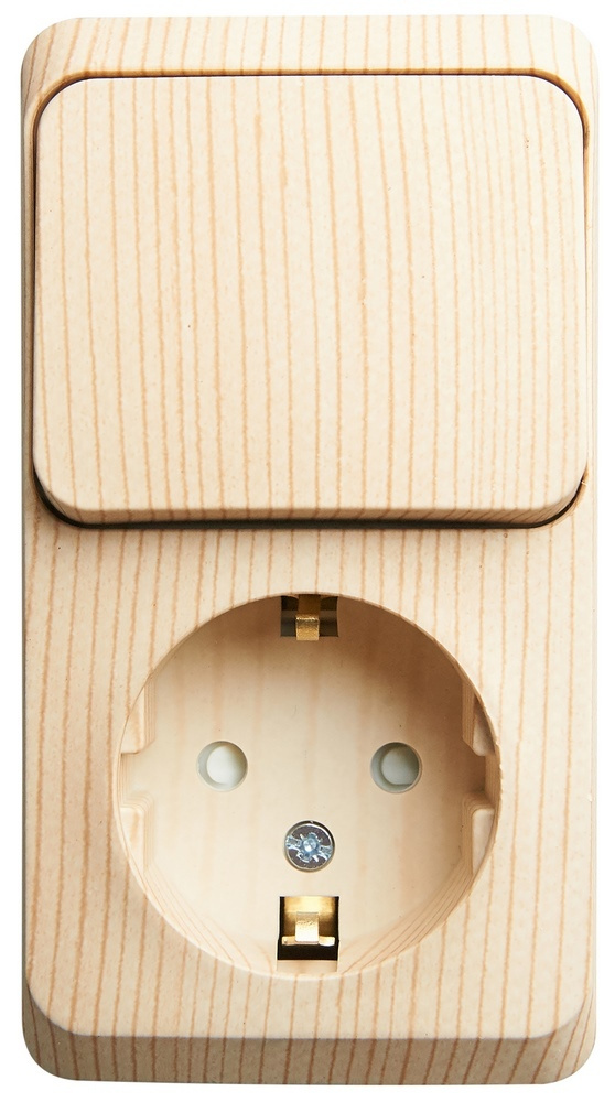 Блок Розетка+Выключатель 1-клавишный с заземлением и заш. шторками Этюд сосна SchE BPA16-201D  #1