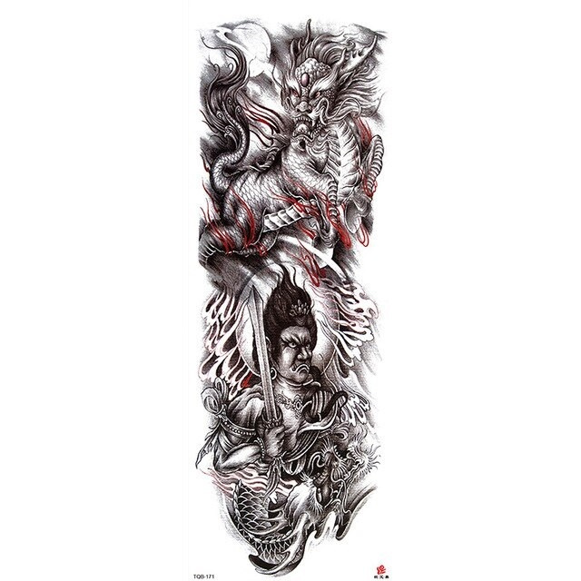 Временная переводная татуировка рукав Черный Дракон и Воин "TQB-171" ( 47х17 см ) / 1001 МЕЛОЧЬ  #1