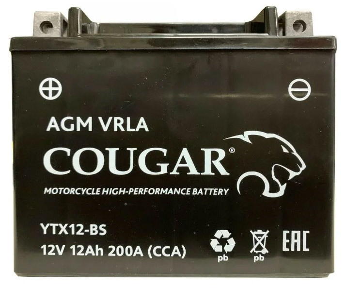 Аккумулятор мотоциклетный Cougar AGM YTX12-BS 12V 12Ah (залит и готов к применению)  #1