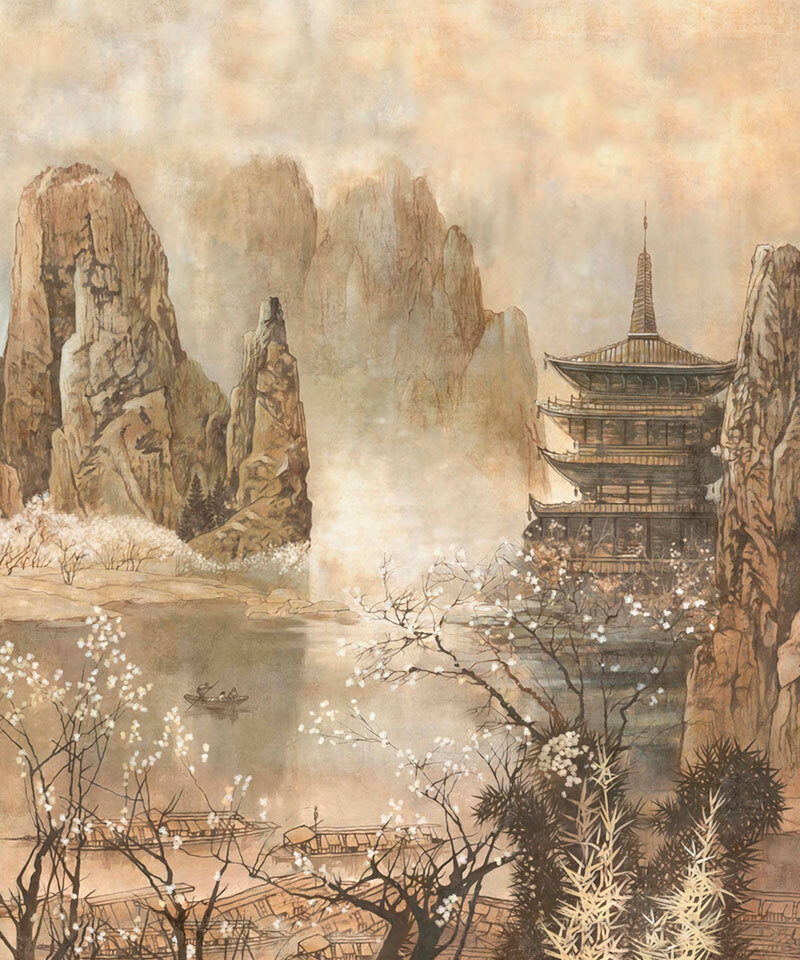Фотообои GrandPik 71479, 250х300 см(ШхВ) Фреска "Пагода в горах, озеро, сакура, Япония, рисунок"  #1