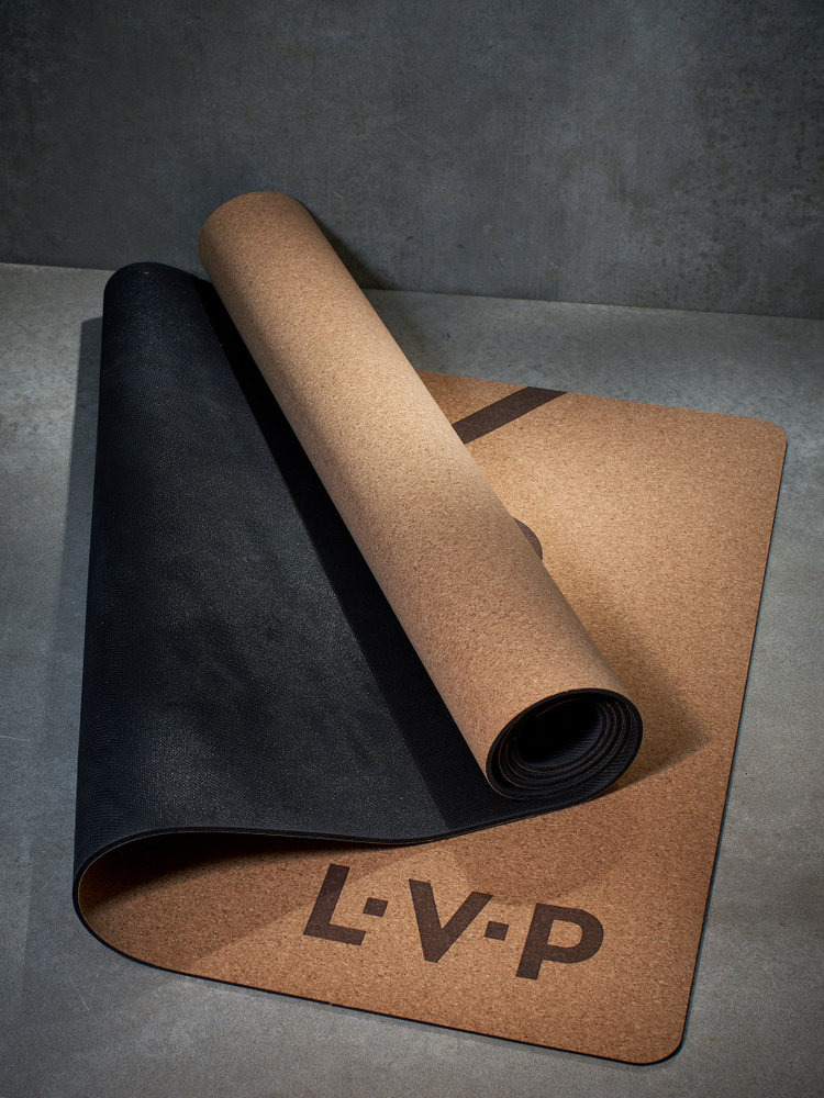 Коврик для йоги и фитнеса LVP, 183x61x0,6 см, двухслойный TPE, черный и пробка с рисунком  #1
