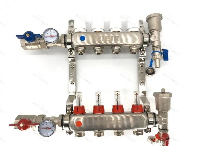 Коллектор для теплого пола в сборе 4 контура VIEIR НЕРЖ. С КРАНАМИ 1"x3/4"  #1