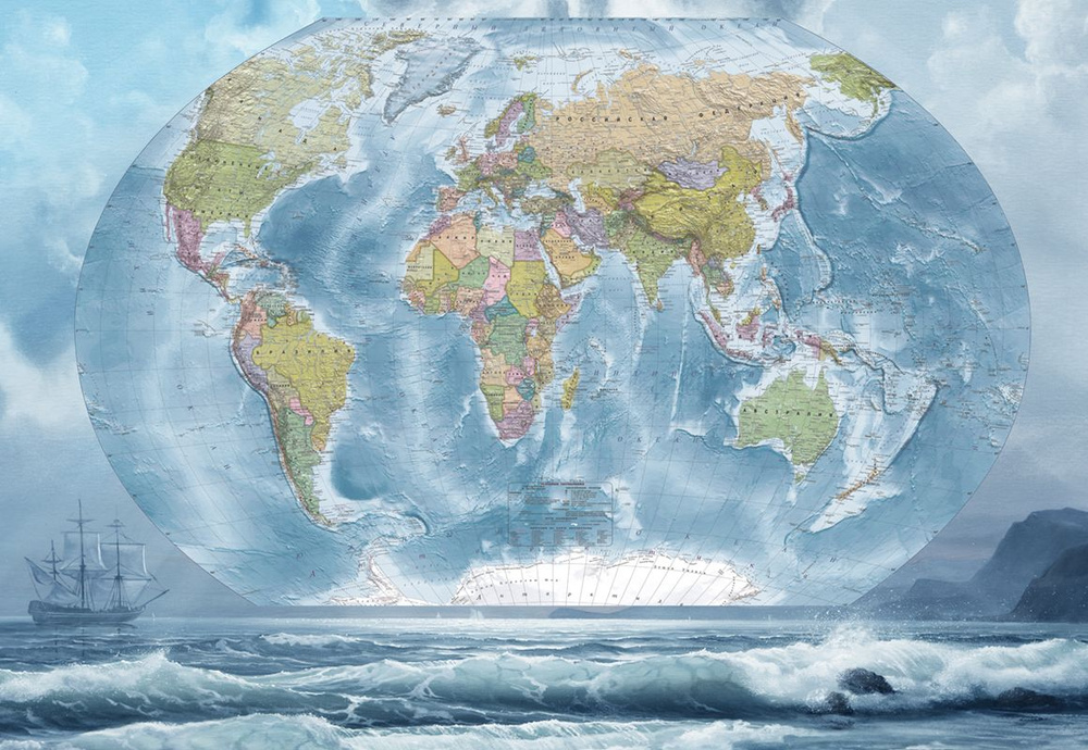 Фотообои флизелиновые на стену 3д GrandPik 80466 "Карта мира на русском, морская", 350х240 см(ШхВ)  #1