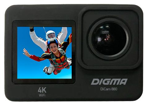 Экшн-камера Digma 16Мп, 4К, LCD-дисплей, экран для селфи, внешний микрофон, пульт ДУ, черный  #1