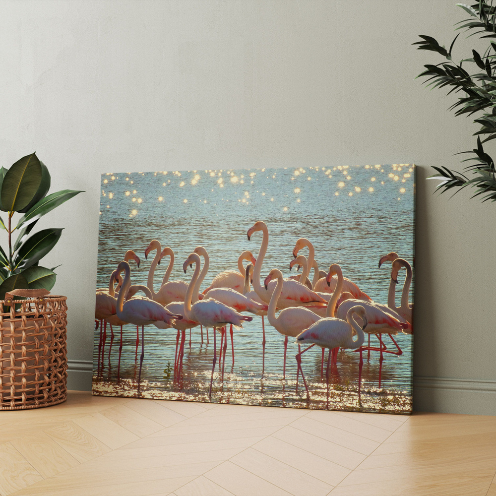 Картина на холсте (розовый фламинго flamingo птицы стая) 50x70 см/для интерьера/в комнату/на стену/в #1