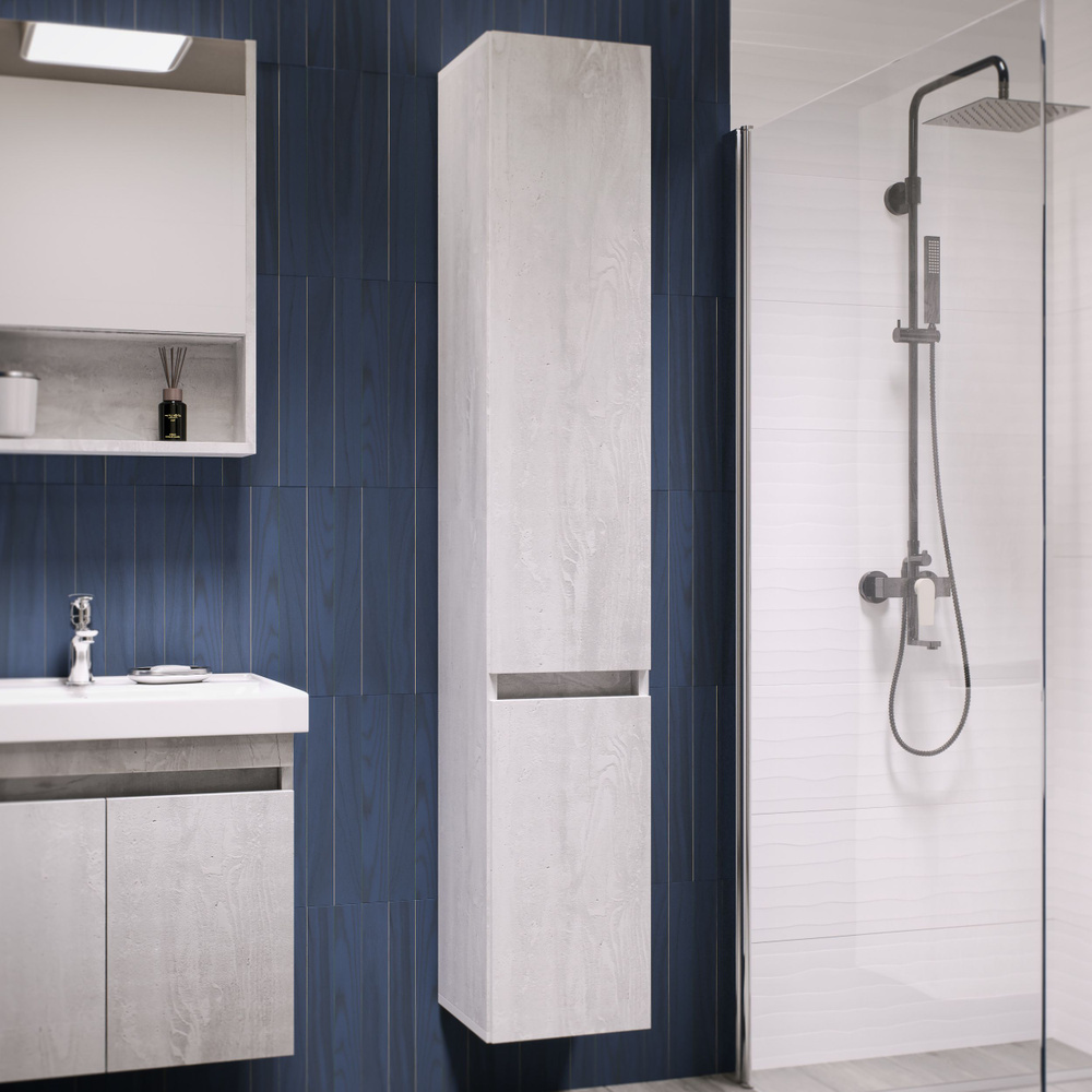 Шкаф навесной для ванной IZEO Garda бетон пайн светлый / пенал в ванную комнату / шкафчик колонна узкий #1