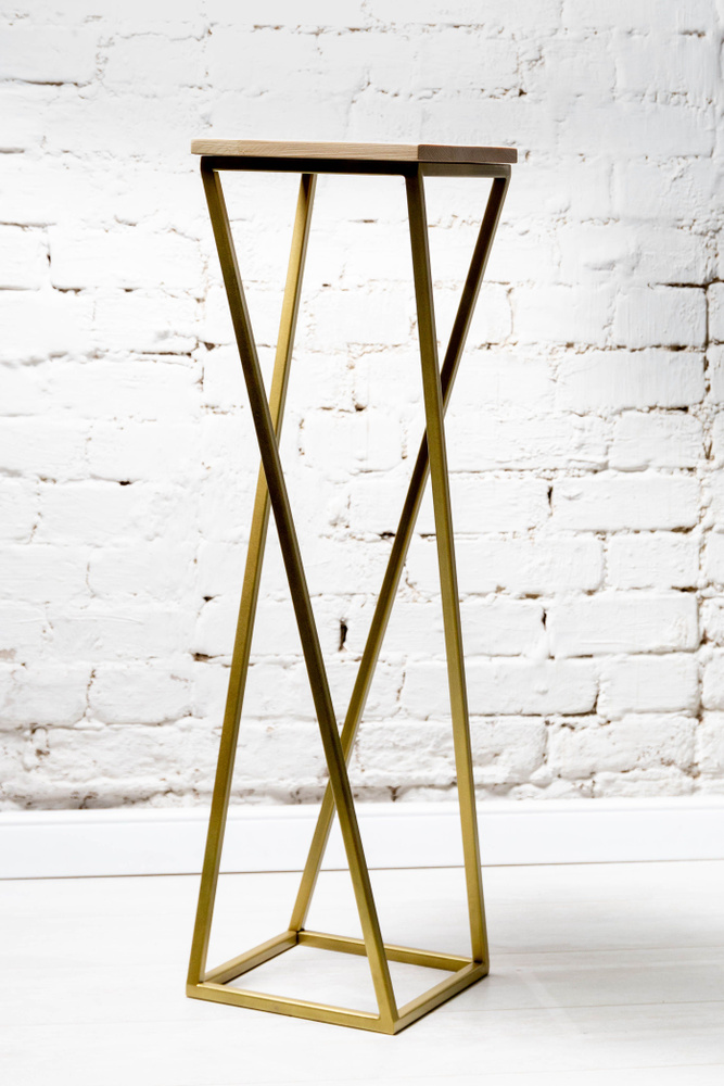 Подставка для цветов и растений напольная металлическая с деревянной полкой в стиле Лофт Stand-Х Gold, #1