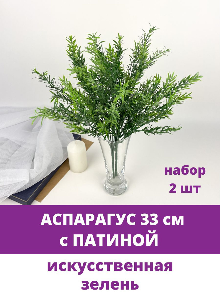 Аспарагус с патиной, Искусственная зелень, букет 7 веток, 33 см, набор 2 букета  #1