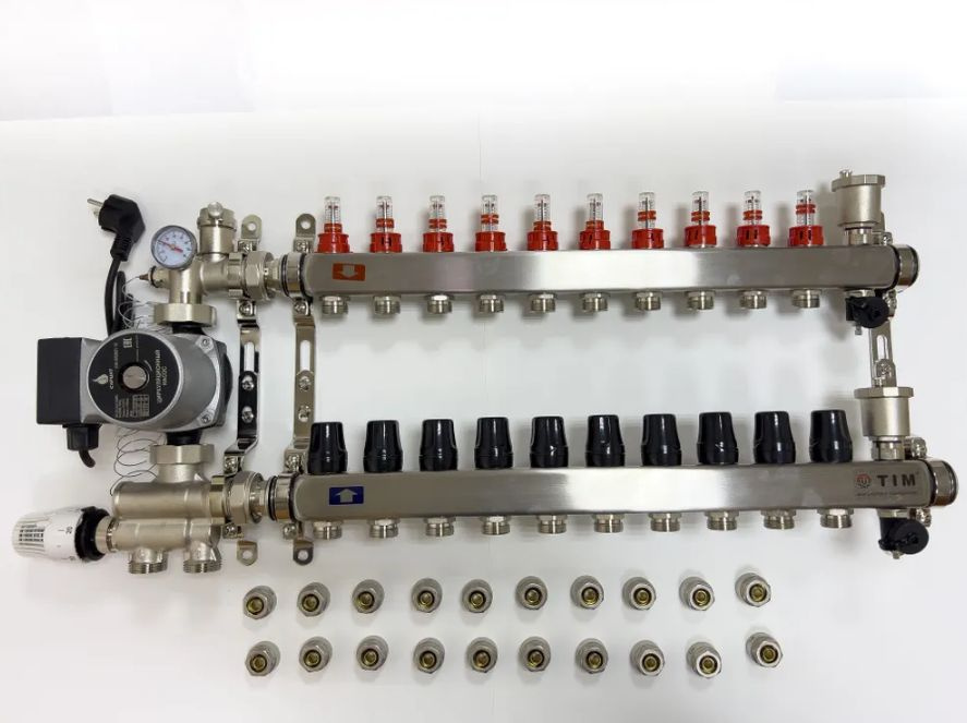 Комплект для водяного теплого пола с насосом, коллектором на 10 выхода с расходомерами, смесительным #1