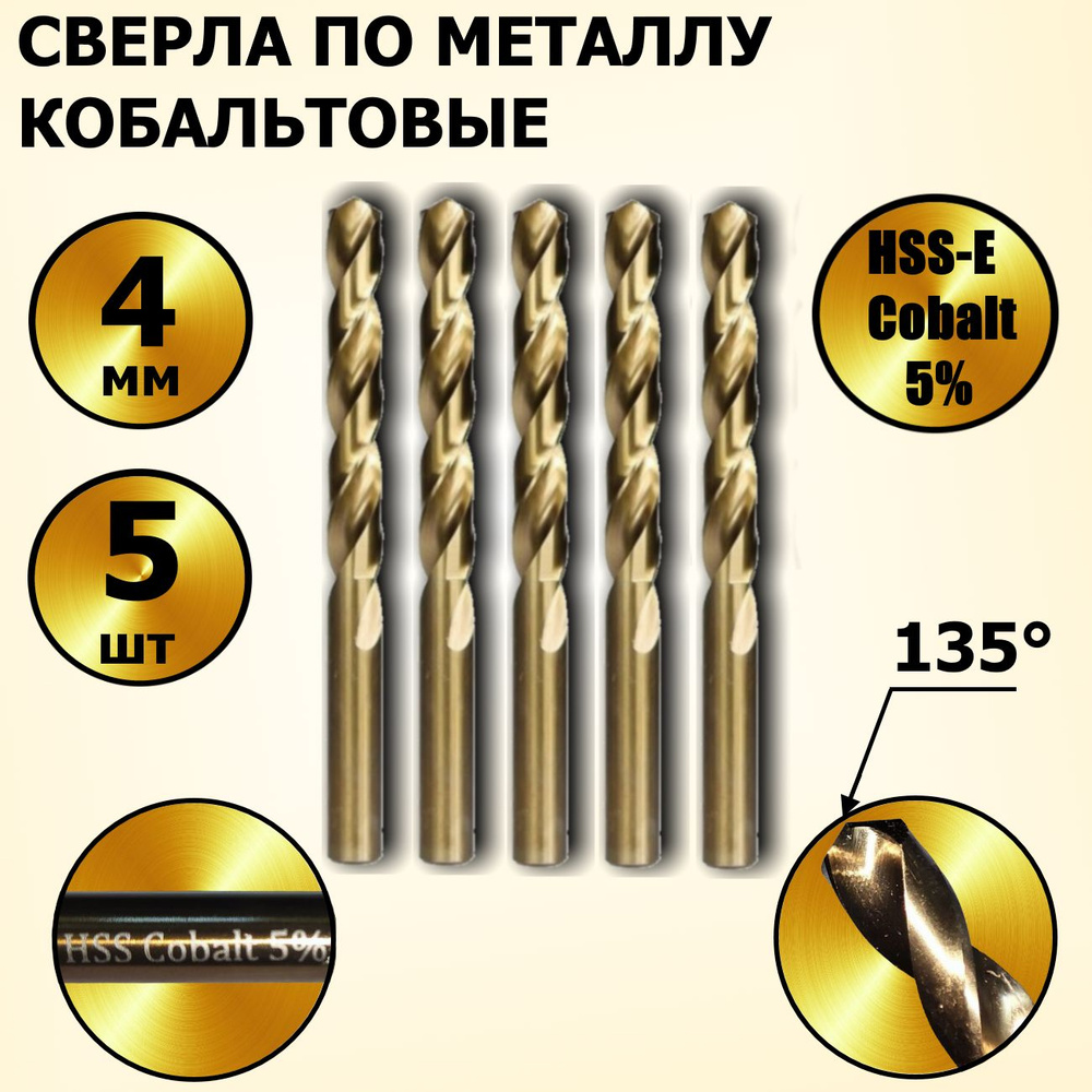 Сверла по металлу кобальтовые 4 мм HSS-E Cobalt 5 % - 5 шт #1