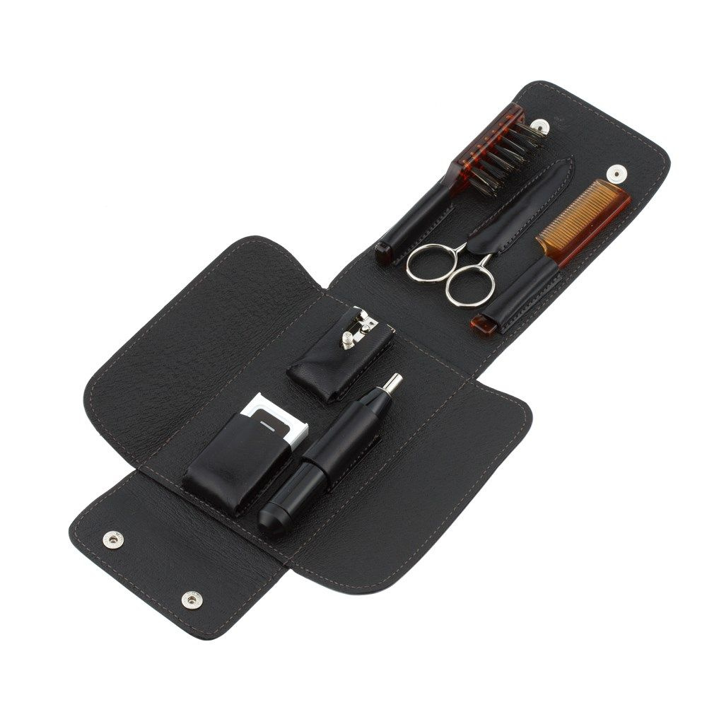 Дорожный бритвенный набор IL Ceppo в черном чехле: станок, лезвия, ножницы, щетка, расческа  #1