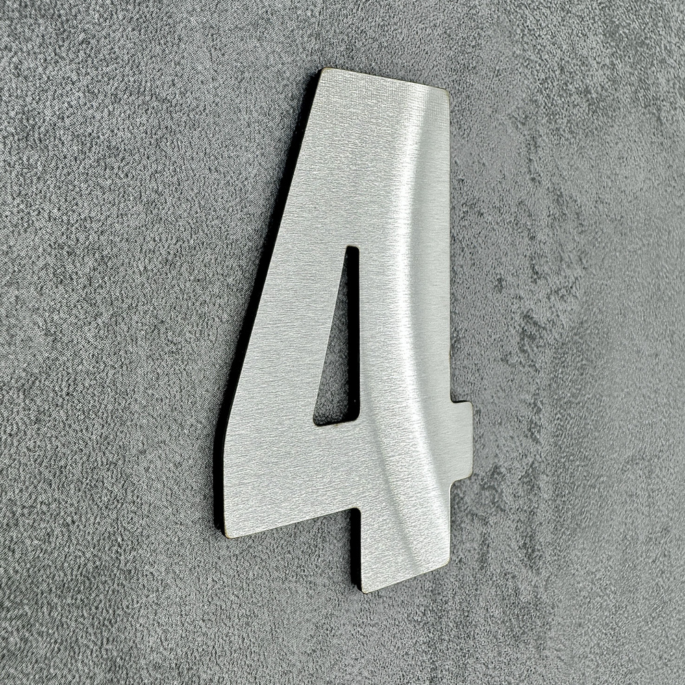 Цифры на дверь квартиры металл 6,7х4,1см самоклеющиеся, цифра номер 4, царапанное серебро  #1