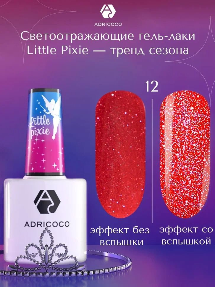 Гель лак для ногтей ADRICOCO Little Pixie красный светоотражающий с блестками №12, 8 мл  #1