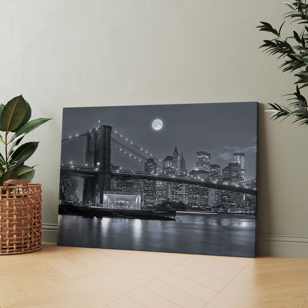 Картина на холсте "Черно-белое фото ночного города" 40x60 см. Интерьерная, на стену.  #1