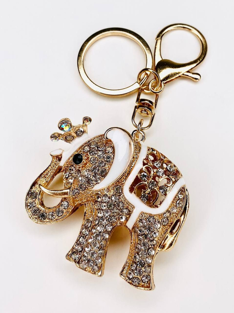 Брелок с карабином для ключей для сумки, большой золотой брелок слон с крупными камнями, золотой слон #1