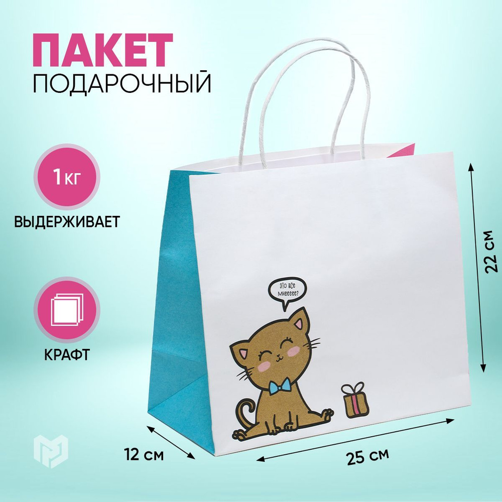 Подарочный пакет крафтовый "Котик", 25х22х12 см #1