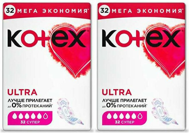 Прокладки женские Kotex Ultra Super, комплект: 2 упаковки по 32 шт  #1