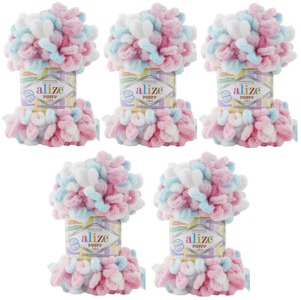 Пряжа с петлями Alize Puffy Color/ Большие петельки - 5 шт., Мятно-розовый (6377)/ 9м, 100г / Паффи Ализе #1