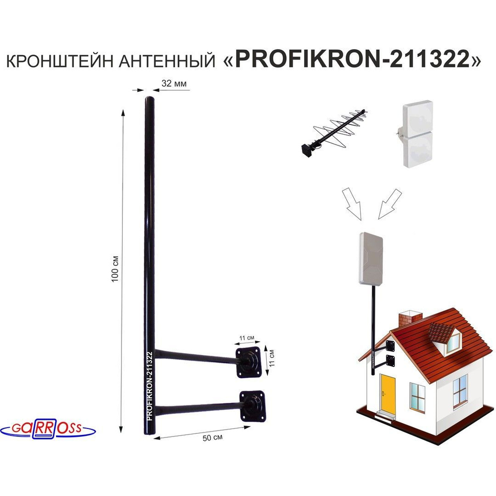 Кронштейн антенный сдвоенный "PROFIKRON-211322" черный вылет 0,5м диаметр трубы 32 мм с колпачком  #1