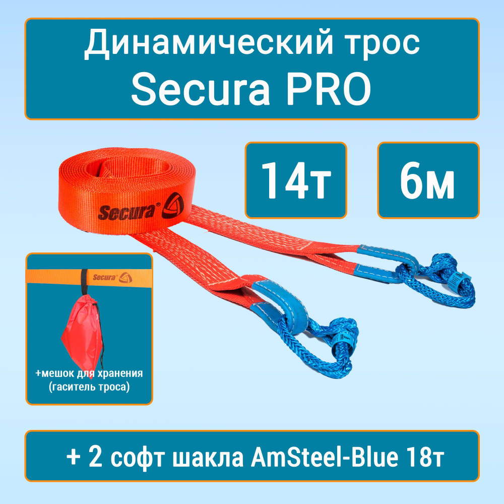 Динамическая стропа "Secura PRO" 14т 6м с софт шаклами AmSteel-Blue 9 мм "Double" (2 шт) и мешком для #1