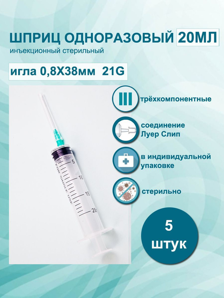 Шприц 20 мл 5шт медицинский одноразовый 3PC 3х компонентный Tian Yu, с иглой 0,8х38мм, стерильный для #1