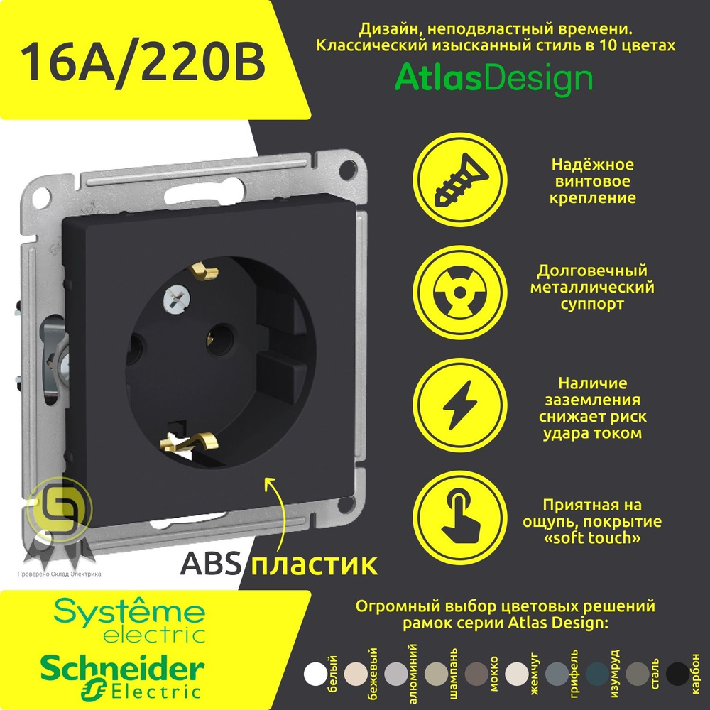 Розетка карбон / черная (5 шт) AtlasDesign Schneider Electric / Systeme Electric ATN001043  #1