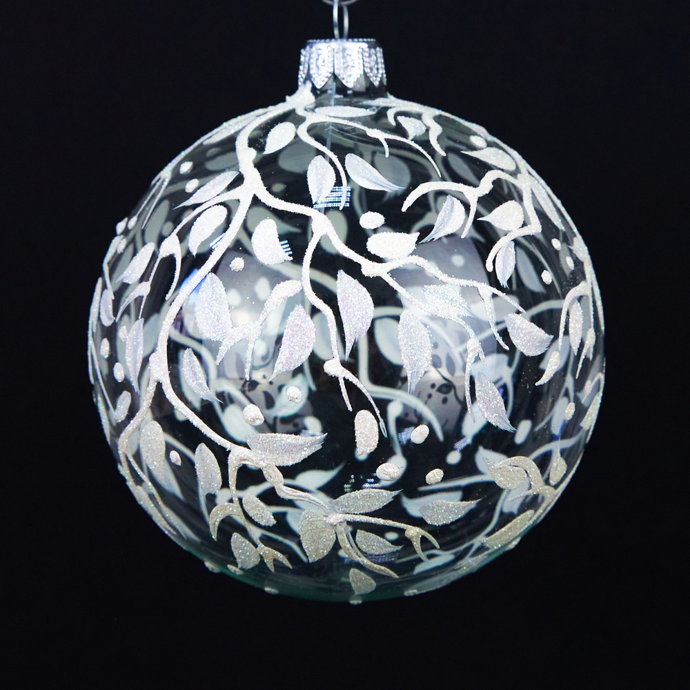 Новогодний стеклянный шар с ручной росписью "Листва" 100 мм. / Елочная стеклянная игрушка 10 см.  #1