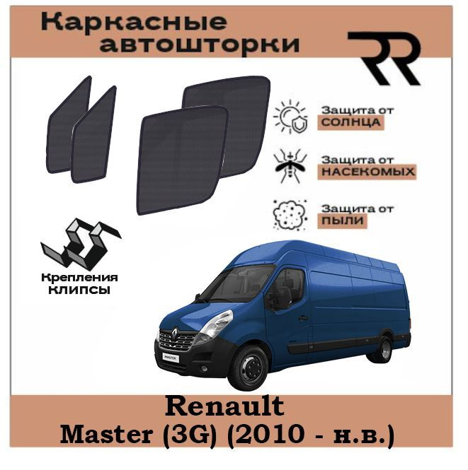Автошторки RENZER для Renault Master (3G) (2010 - н.в.) Передние двери С ФОРТОЧКАМИ на КЛИПСАХ. Сетки #1