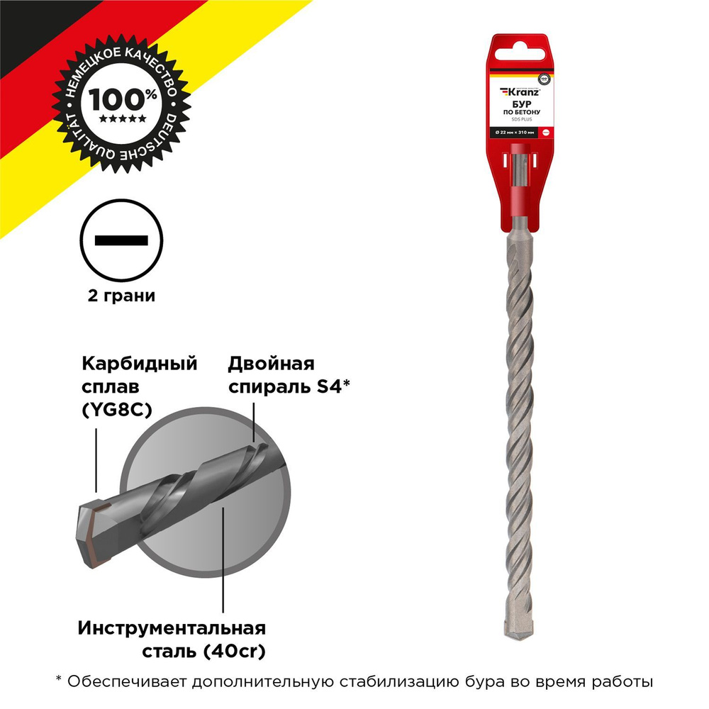 Бур по бетону для дрели, шуруповерта и перфоратора 22x310x250 мм SDS PLUS Kranz  #1