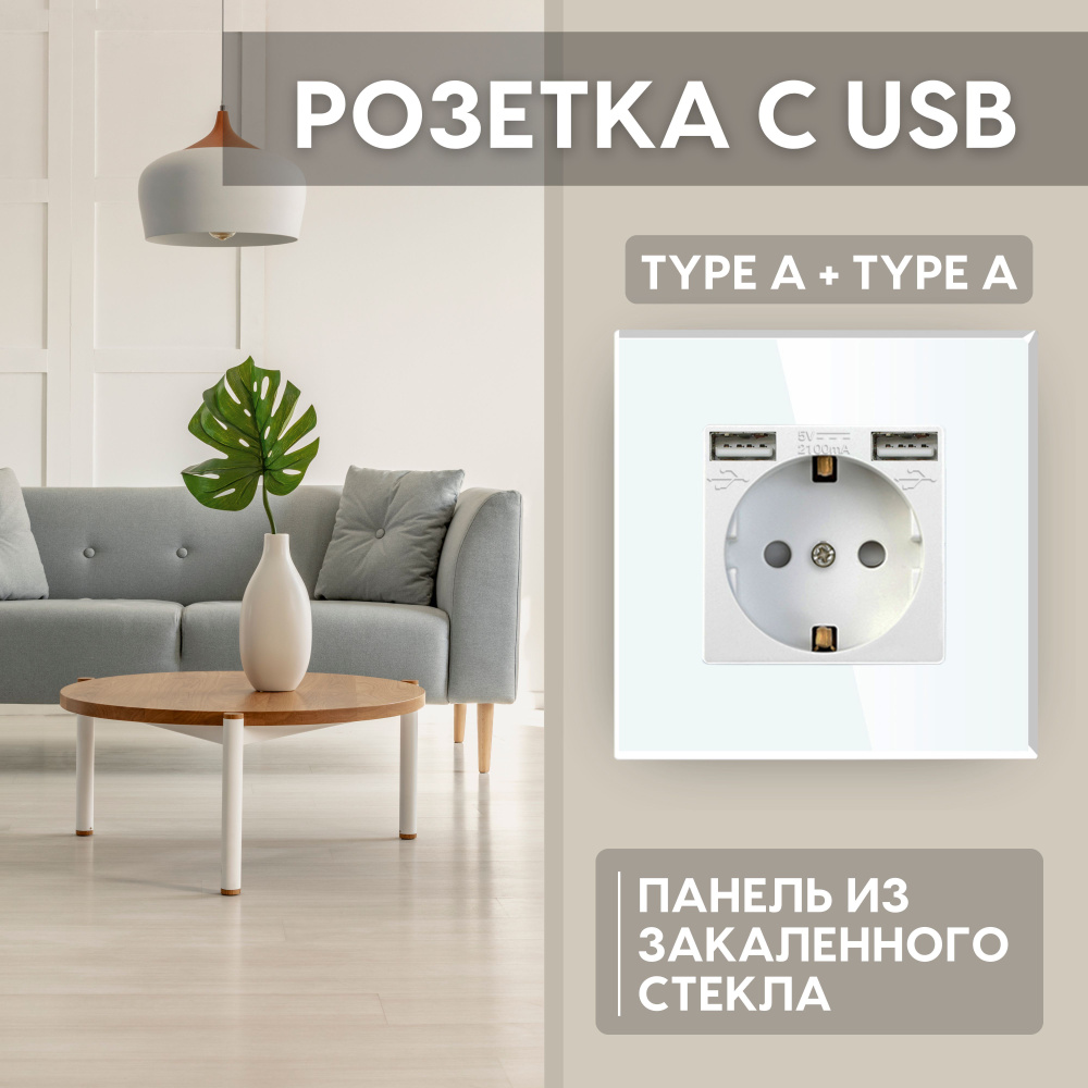 Розетка электрическая с 2 USB (Type A + Type A) с заземлением Etalis Белая Панель закаленное стекло 3,5 #1