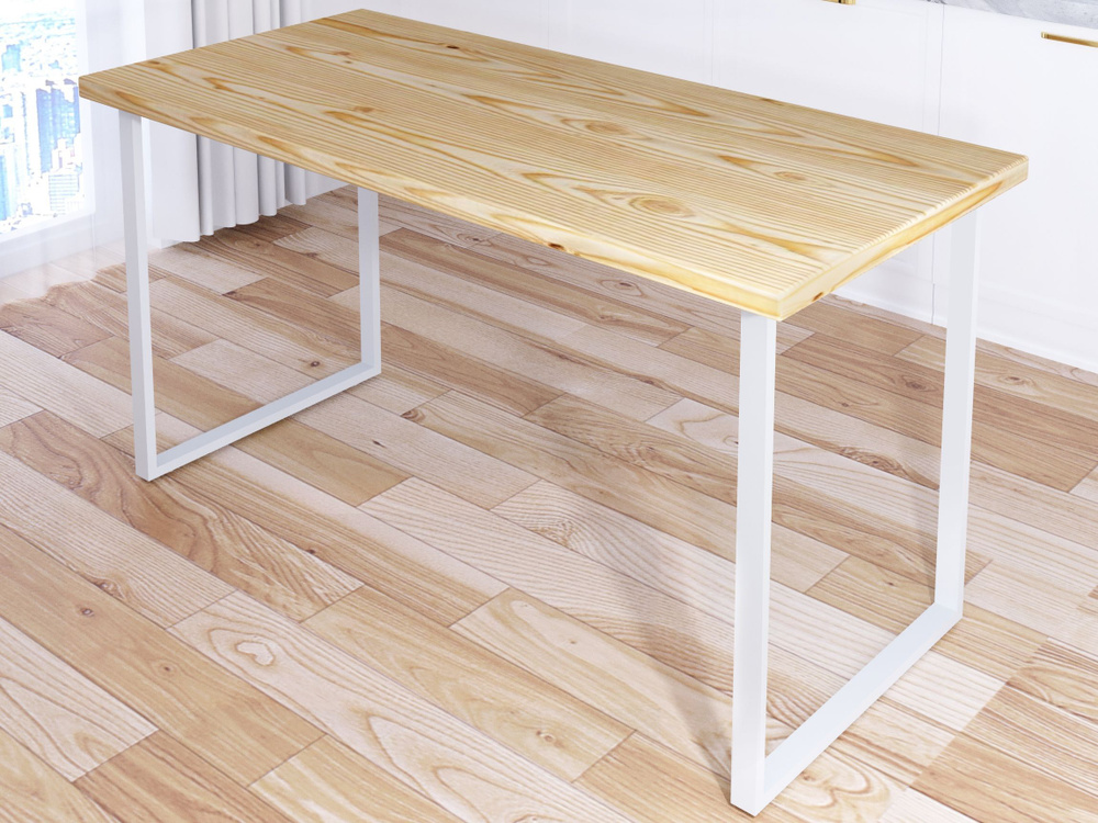 Стол кухонный Loft из массива сосны без шлифовки и покраски, 130х75х75 см, с белыми металлическими ножками #1