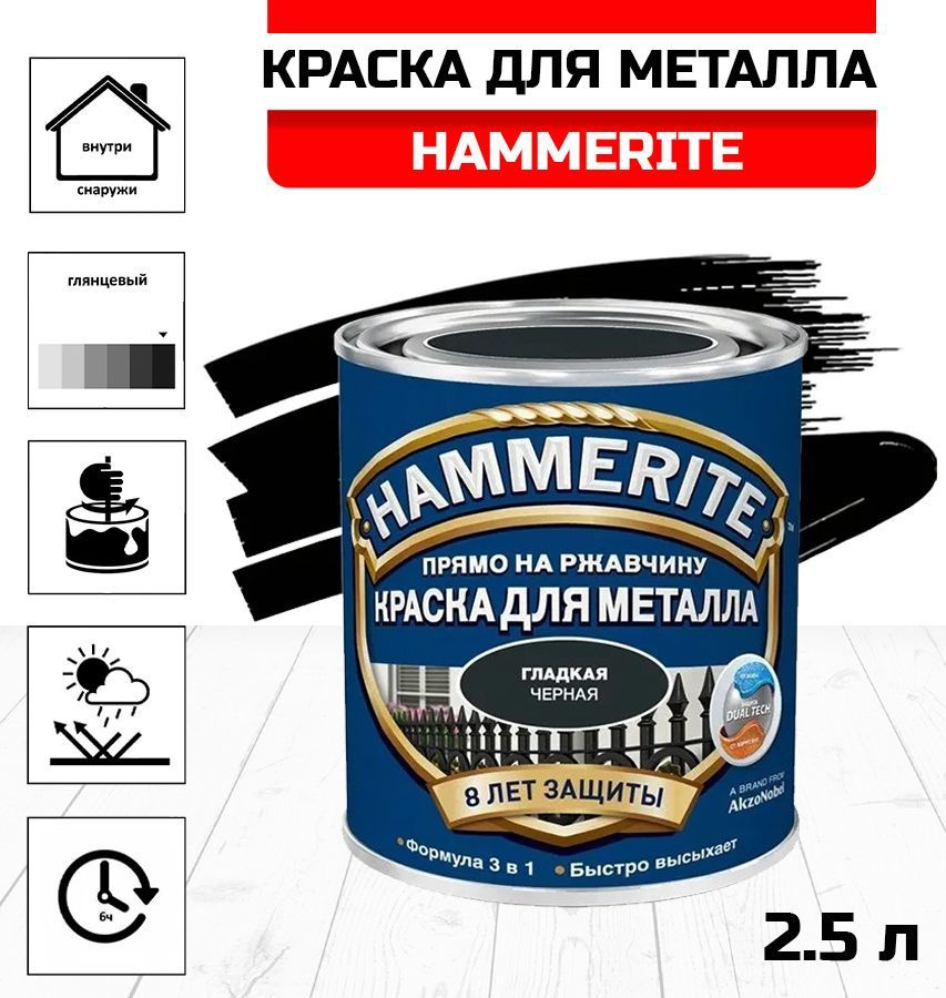 Краска алкидная HAMMERITE для металлических поверхностей глянцевая черная 2,5л  #1